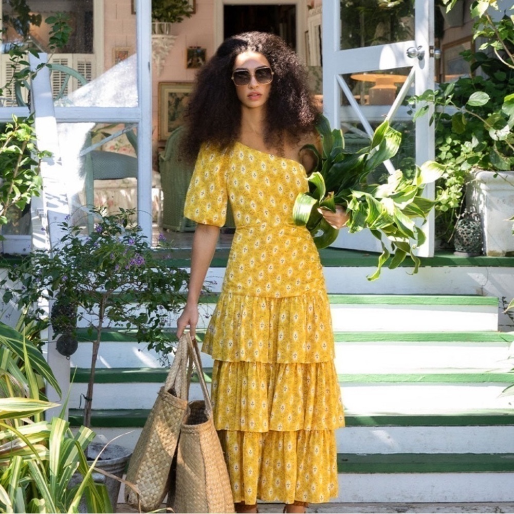 VERONICA BEARD Virginia one-sleeve yellow floral ruffle maxi dress NWT Size 14
